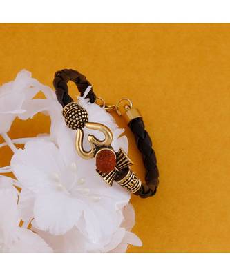 Rudraksha OM Trishul Damroo Designer Oxidized Gold Bahubali Leather Kada Bracelet Unisex Bracelets for Men & Women 3