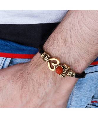 Rudraksha OM Trishul Damroo Designer Oxidized Gold Bahubali Leather Kada Bracelet Unisex Bracelets for Men & Women 5