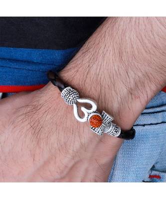 Rudraksha OM Trishul Damroo Designer Oxidized Silver Bahubali Leather Kada Bracelet Unisex Bracelets for Men & Women 1