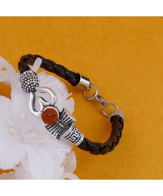 Rudraksha OM Trishul Damroo Designer Oxidized Silver Bahubali Leather Kada Bracelet Unisex Bracelets for Men & Women 3