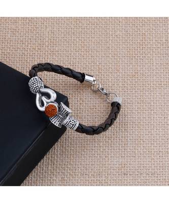 Rudraksha OM Trishul Damroo Designer Oxidized Silver Bahubali Leather Kada Bracelet Unisex Bracelets for Men & Women 4