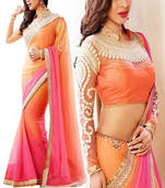 Pink and Orange embroidered georgette saree with blouse