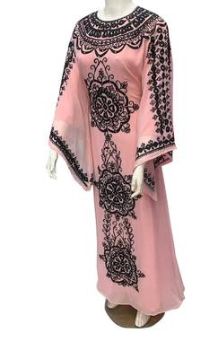 peach georgette moroccan islamic dubai kaftan farasha Aari and stone work dress 1