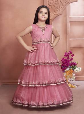 Polyster pink embroidred kids girls gown 1
