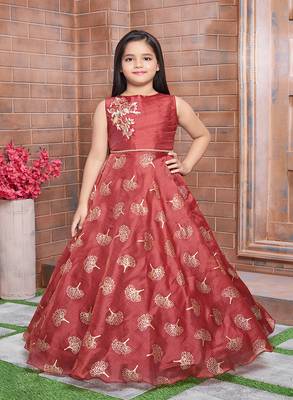 Polyster maroon embroidred kids girls gown 1