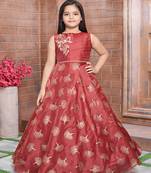 Polyster maroon embroidred kids girls gown