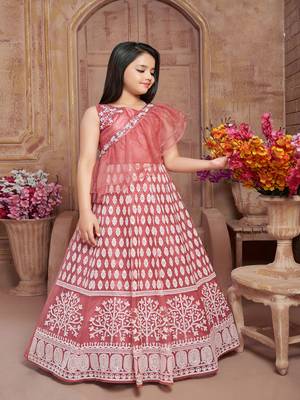 Polyster pink embroidred kids girls gown 1