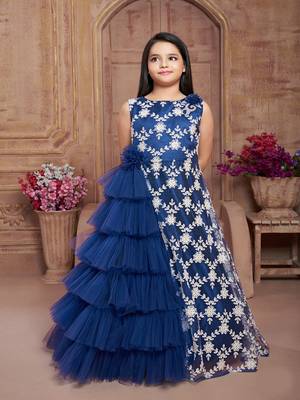 Polyster blue embroidred kids girls gown 1