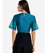 Desi Weavess dark teal blue zari stripes  1/4th  sleeves buttoned down  contemporary   saree blouse