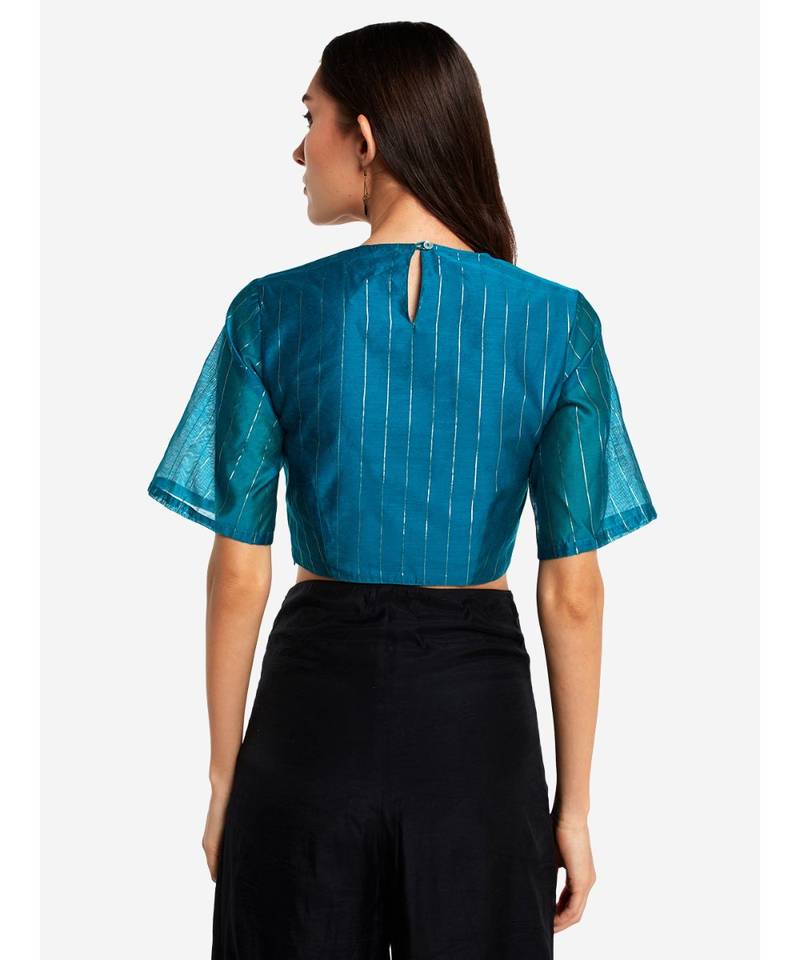 Desi Weavess dark teal blue zari stripes  1/4th  sleeves buttoned down  contemporary   saree blouse