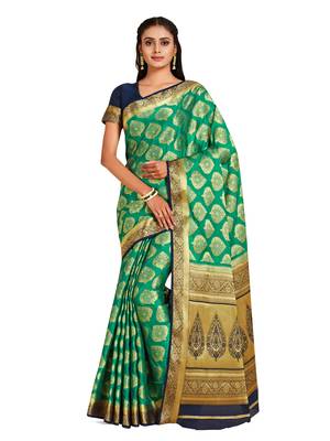 green hand woven crepe saree with blouse 1