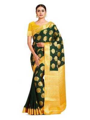 green hand woven crepe saree with blouse 1
