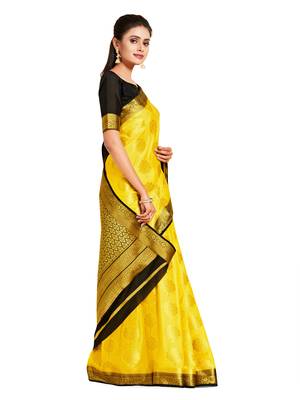 yellow hand woven crepe saree with blouse 2