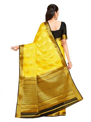 yellow hand woven crepe saree with blouse 3