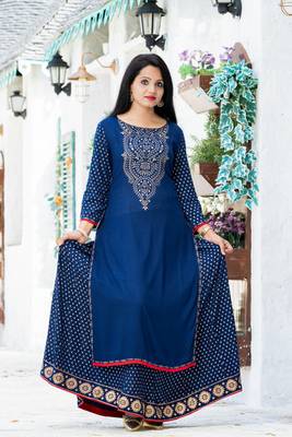 Addiction Navy Rayon Printed Kurta Paired With Beautifully Printed Flared Skirt 1
