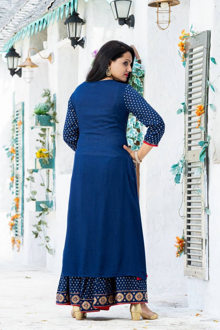 Addiction Navy Rayon Printed Kurta Paired With Beautifully Printed Flared Skirt