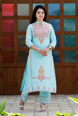 Addiction Turqouise Cotton Flex Straight Kurta With Pant 1