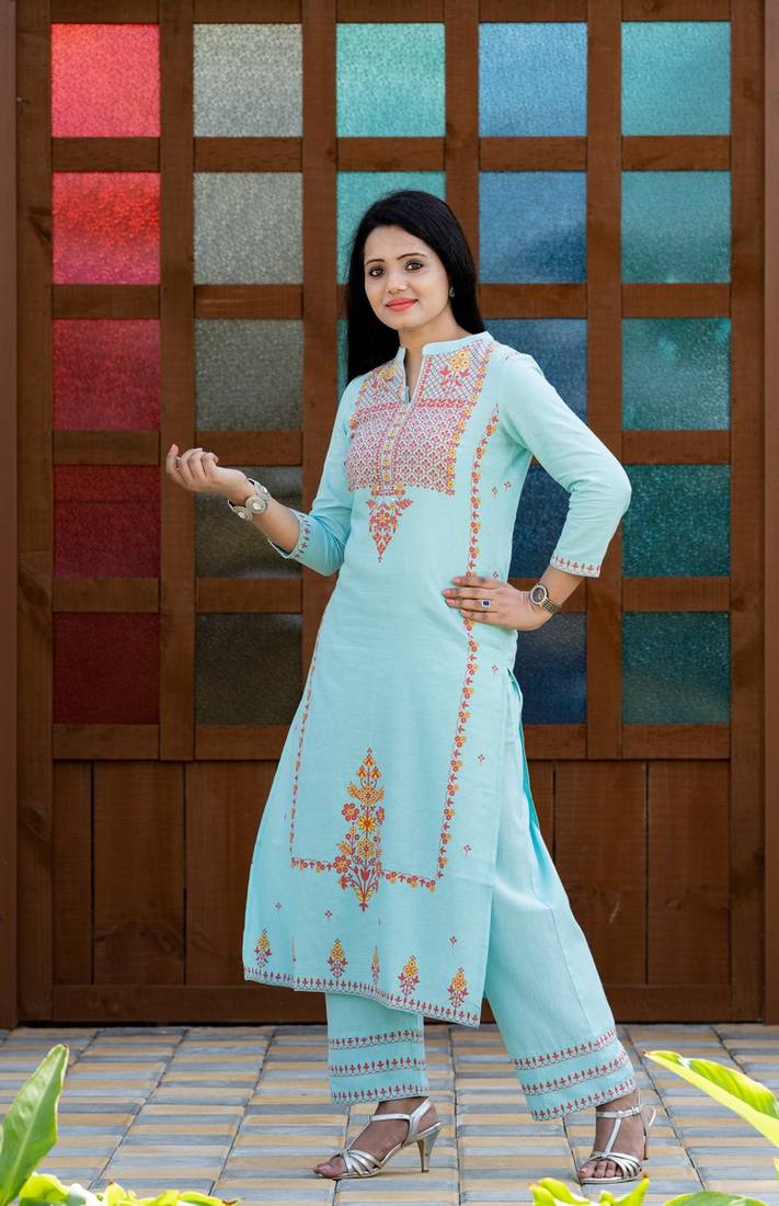 Addiction Turqouise Cotton Flex Straight Kurta With Pant