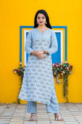 Addiction Grey Printed Rayon Kurta With Printed Grey Pant 1