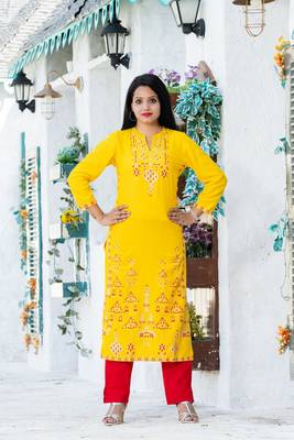 Addiction Yellow Rayon Glitter Printed Straight Kurta Paired With Solid Red Pant 1