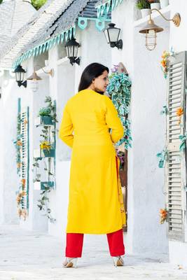 Addiction Yellow Rayon Glitter Printed Straight Kurta Paired With Solid Red Pant 2