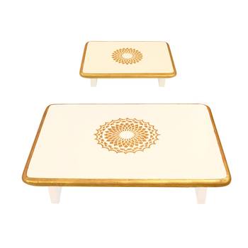 Christmas Diwali Decorative Off White Wooden Pooja Chowki Stools Coffee Table Set of 2 Pcs 1