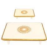Christmas Diwali Decorative Off White Wooden Pooja Chowki Stools Coffee Table Set of 2 Pcs