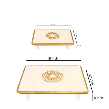 Christmas Diwali Decorative Off White Wooden Pooja Chowki Stools Coffee Table Set of 2 Pcs 2