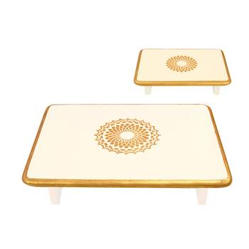 Christmas Diwali Decorative Off White Wooden Pooja Chowki Stools Coffee Table Set of 2 Pcs 3