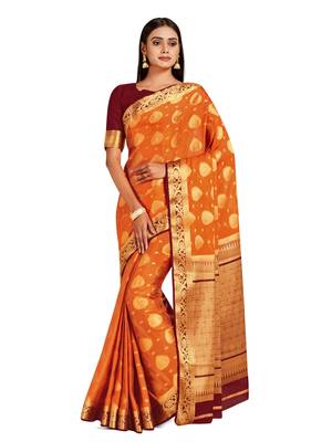 orange hand woven crepe saree with blouse 1
