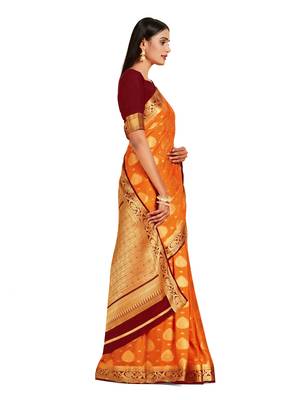 orange hand woven crepe saree with blouse 2