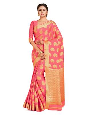peach hand woven crepe saree with blouse 1