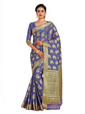 blue hand woven crepe saree with blouse 1