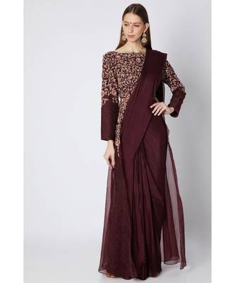 Burgundy Jacket Saree 1