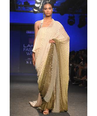 Cream to Olive Green Saree 1