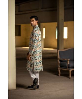 Cream Printed Silk Kurta with Off White Cotton Silk Churidar 1