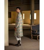 Cream Printed Silk Kurta with Off White Cotton Silk Churidar