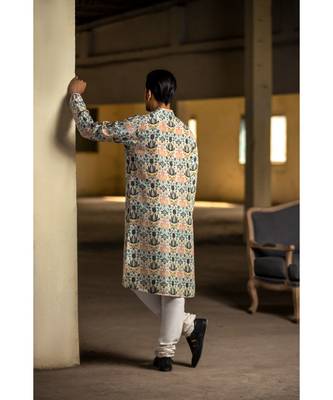 Cream Printed Silk Kurta with Off White Cotton Silk Churidar 2