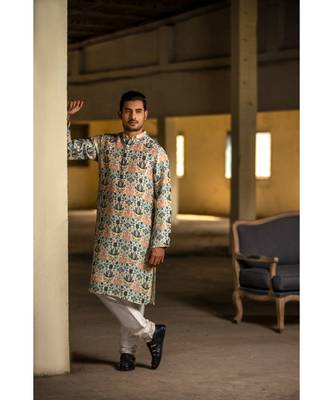 Cream Printed Silk Kurta with Off White Cotton Silk Churidar 3