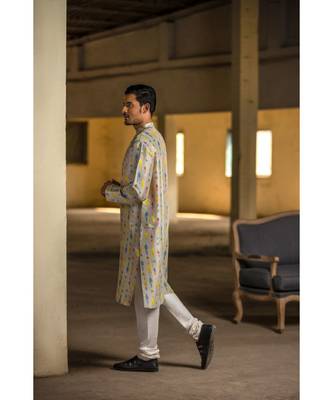Cream Printed Silk Kurta with Off White Cotton Silk Churidar 2