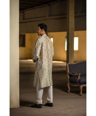 Cream Printed Silk Kurta with Off White Cotton Silk Churidar 3