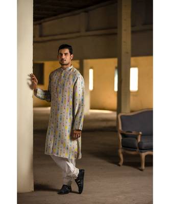 Cream Printed Silk Kurta with Off White Cotton Silk Churidar 1