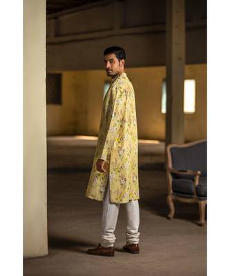 Yellow Printed Silk Kurta with Off White Cotton Silk Churidar 2