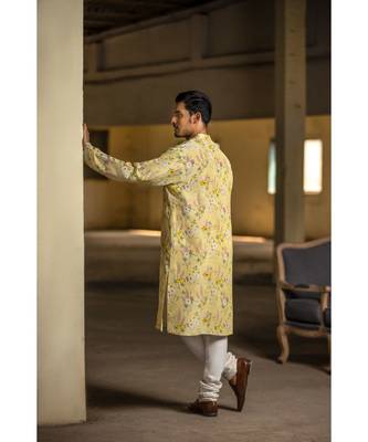 Yellow Printed Silk Kurta with Off White Cotton Silk Churidar 3