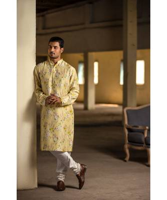 Yellow Printed Silk Kurta with Off White Cotton Silk Churidar 1