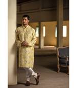 Yellow Printed Silk Kurta with Off White Cotton Silk Churidar