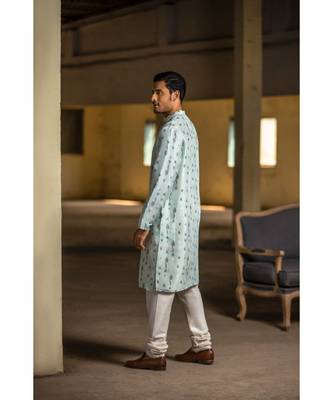 Ice Blue Printed Silk Kurta with Off White Cotton Silk Churidar 2