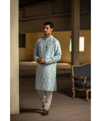 Ice Blue Printed Silk Kurta with Off White Cotton Silk Churidar 1