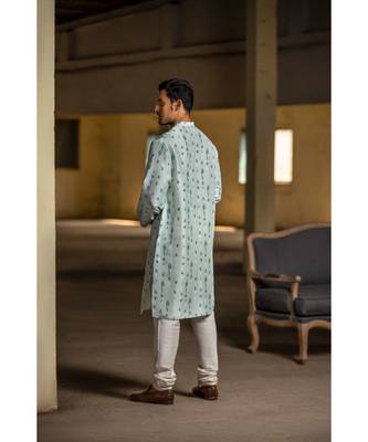 Ice Blue Printed Silk Kurta with Off White Cotton Silk Churidar 3