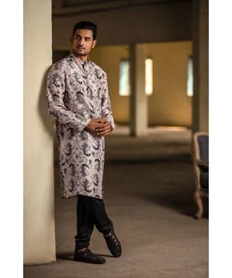Blush Printed Silk Kurta with Off White Cotton Silk Churidar 1